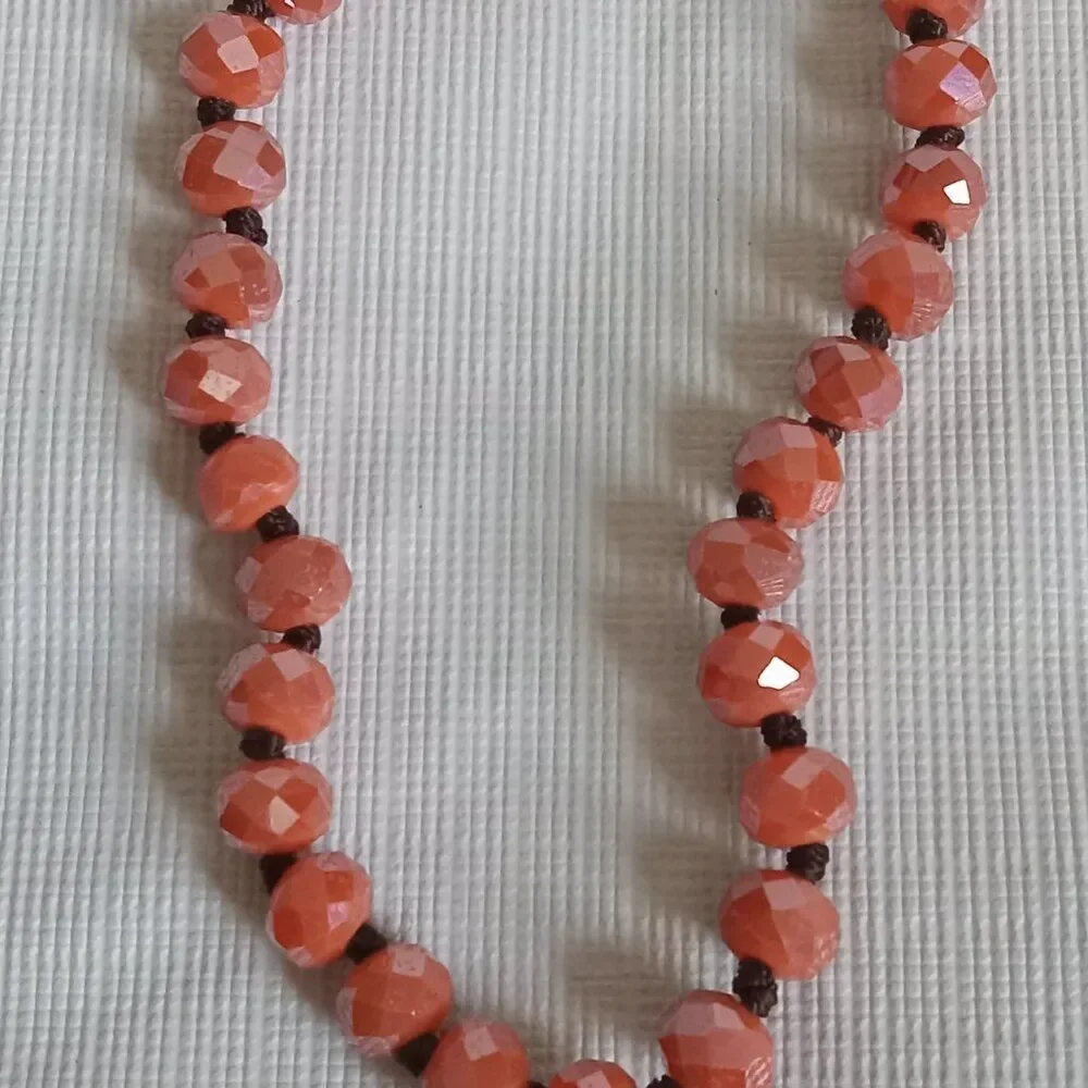 Iridescent Orange Faceted Beaded Single Strand Long Layering Fashion Necklace